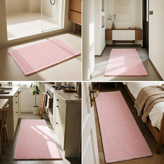 Triohero Waffle Runner Bath Mat - Long Bathroom Rugs Non Slip Washable, Ultra Soft Super Absorbent Quick Dry Boho Farmhouse Bathroom Decor, 24" x 60"', Light Peachy Pink
