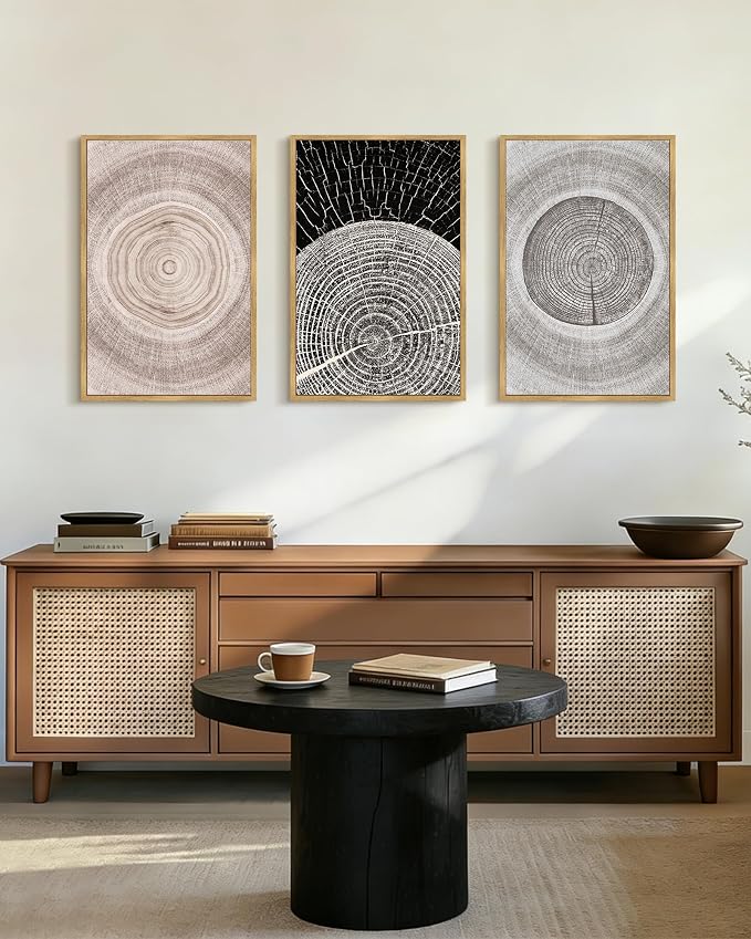 PHOPAGO Vintage Wood Tree Rings Wall Art 16x24in Farmhouse Rustic Framed Paintings Nature Artwork for Dining Room Home Office - Natural Framed