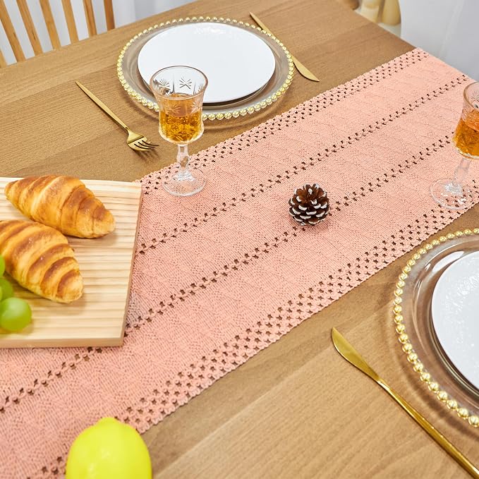 FEXIA Summer Pink Table Runner Boho Macrame Dresser Runner Home Coffee Table Decor Farmhouse Style with Tassels for Dining Bedroom Living Room Decor Rustic Bridal Shower (12x90 Inches)