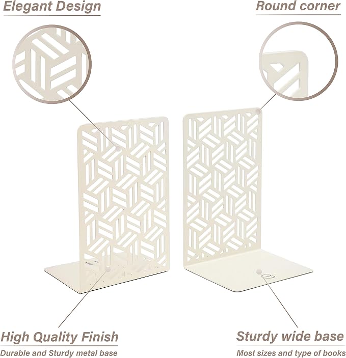 CNK Book Ends Bookends for Decorative Books Holder Bookend Shelves End Hold Heavy Duty Holders Stoppers Metal Stopper Cute Boho Bookshelf Holds Cookbook Office Home Set of 2 Bookends Pair White