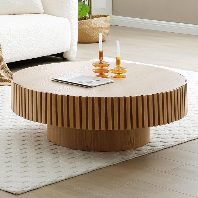 39.4" Oak Round Coffee Table Wood, Modern Drum Fluted Circle Coffee Table for Living Room, Contemporary Low Center Table Side Table for Apartment, Farmhouse, Office, mesa de Cafe, Natural Ash