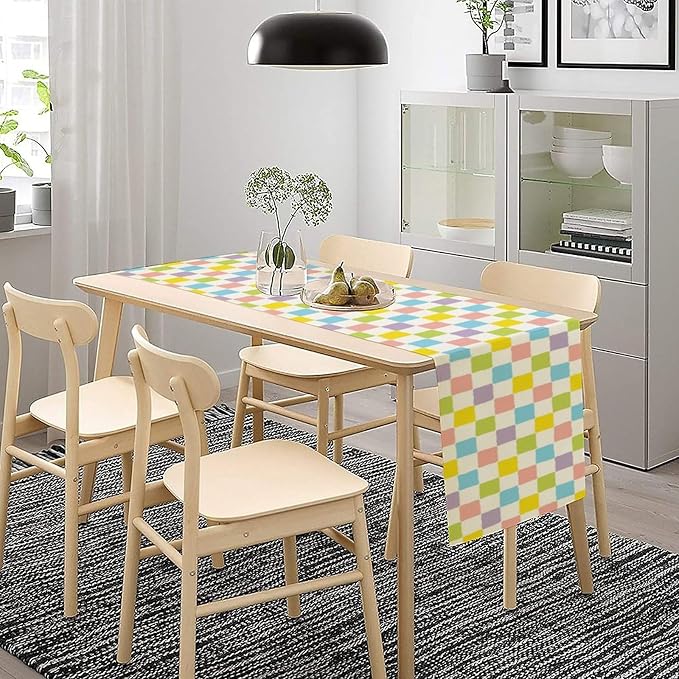 Colourful Hippie Table Runner Green Blue Purple Pink Modern Geometric Square Home Dinner Runner for Living Room Kitchen Party Holiday Dinner Home Decor 13x120in