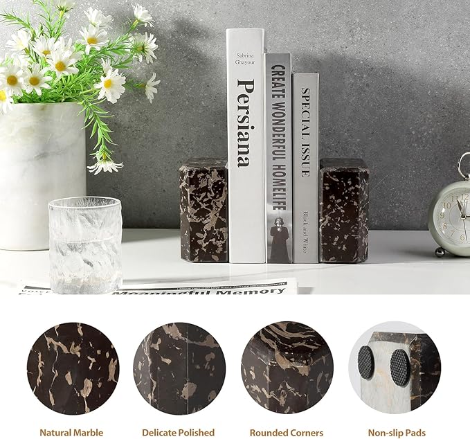 BCS Italy Natural Marble Bookends for Shelves, 7lbs Decorative Book Ends for Heavy Books, Athenian Column Stone Book Holders, Office Bookshelf Stopper Decor for Books, CDs, Video Games (Nero Portoro)