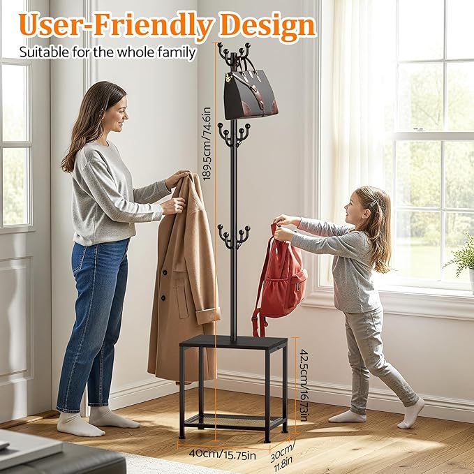 Hall Tree with Bench and Shoe Storage, Coat Rack Freestanding Coat Rack Shoe Bench, Corner Coat Hanger Stand Standing Hat Rack, Tree Stand Purse Rack Tree Black Coat Racks with Shelf