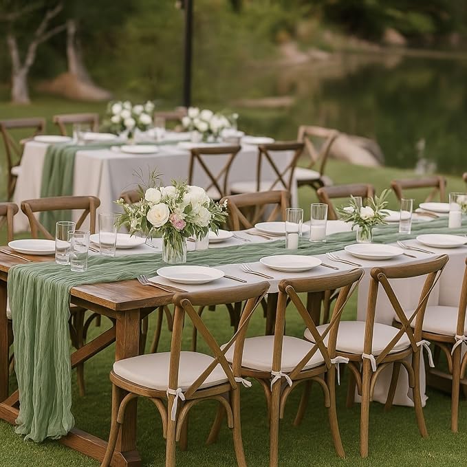 10FT Sage Green Cheesecloth Table Runner – 120 Inch Gauze Table Decor for Rustic Wedding, Garden Baby Shower, Farmhouse Bridal Brunch or Boho Home Styling