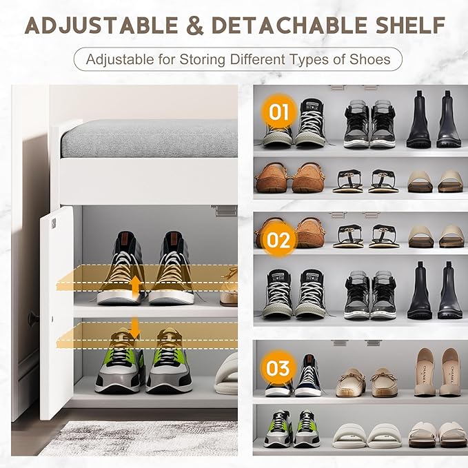 42.6" Storage Bench - Entryway Shoe Bench with Side Storage Shelves and 3 Doors, Multifunctional Entryway Bench with Lift Top Cushion, Shoe Storage Bench for Bedroom, Living Room, White