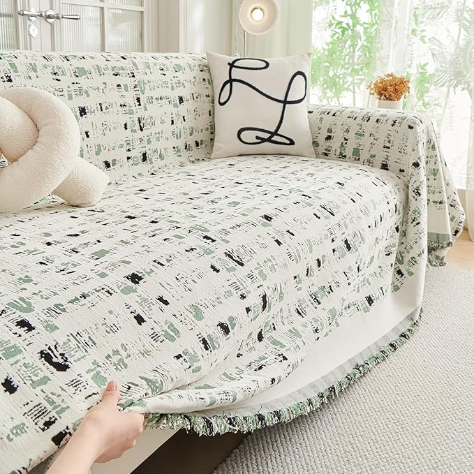 DREAMINGO Abstract Chenille Couch Cover Blanket Beige Green Black Boho Sofa Cover, Washable Furniture Protector, Universal Slipcover for Couch, Geometric Brushstroke Jacquard, Large 71"x118"