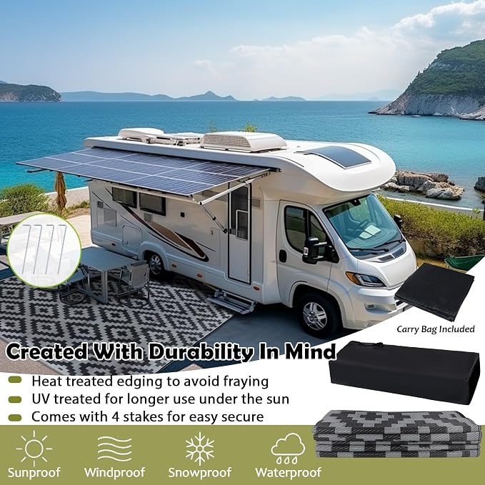 SAND MINE Waterproof Outdoor Rug, Plastic Reversible Rug, Modern Area Rug, Large Floor Mat for Outdoors, RV, Patio, Backyard, Deck, Picnic, Beach, Camping (10' x 10', Black Grey Lattice)