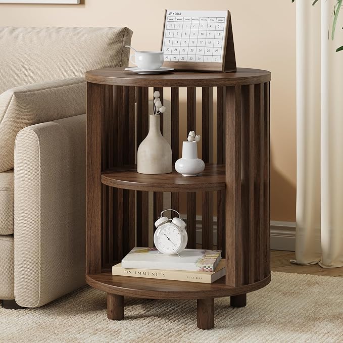Round End Table, Wood Bedside Table, Mid Century Modern Nightstand with Open Storage Shelf, 3 Tier Small Side Tables for Living Room, Bedroom, Curved Profile Design, Walnut(1-Pack)
