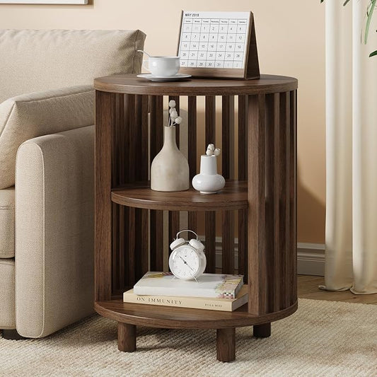 Round End Table, Wood Bedside Table, Mid Century Modern Nightstand with Open Storage Shelf, 3 Tier Small Side Tables for Living Room, Bedroom, Curved Profile Design, Walnut(1-Pack)