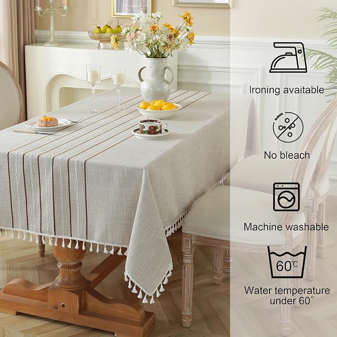 JIALE Tablecloths for Rectangle Tables, Cotton Linen Table Cloth Waterproof Tablecloth Wrinkle Free Farmhouse Dining Tables Cover, Soft Fabric Table Cloths with Tassels, Coffee, 55" X 102", 8-10 Seats