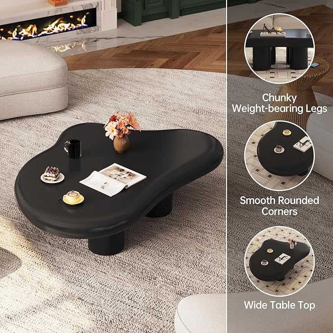 46.06" Black Large Cloud Coffee Table, Modern Round Edge Coffee Table with 4 Sturdy Support Legs and 2.67" Thick Tabletop,Easy Match for Living Room, Bedroom, Balcony,Patio