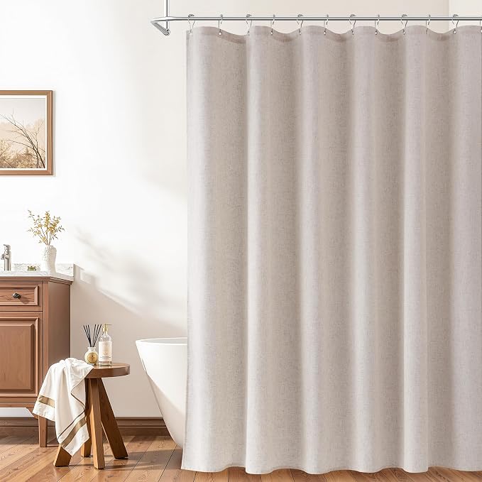 Naturoom Extra Long Linen Shower Curtain 90 Inch Long Shower Curtains Set with Hooks for Bathroom Boho Farmhouse Fabric Neutral Cloth Modern Cottage Core Waterproof,Birch Beige