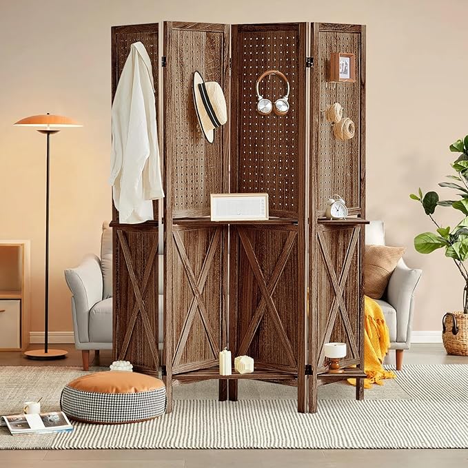 4 Panel Pegboard Display with 16 Hooks, Wooden Pegboard Room Divider Wall with Shelf, Partition Room Dividers and Folding Privacy Screens, Bedroom, Jewelry Store, Brown