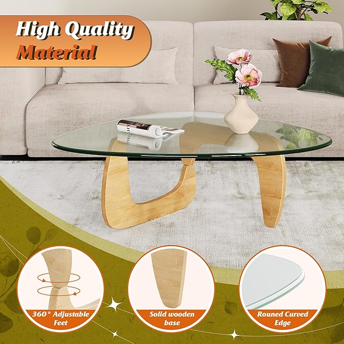 WLIVE Coffee Table, Small Glass Coffee Table with Solid Wood Legs, 36" Mid Century Triangle Living Room Tables, Modern Center Table for Living Room, Reception, Office, Natural