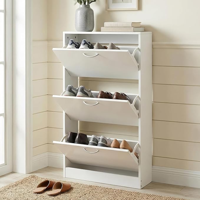 HOPUBUY Shoe Cabinet for Entryway, White Narrow Shoe Storage Cabinet with 3 Flip Drawers, Wood Slim Shoe Rack, 3 Tier Thin Shoe Organizer for Home and Apartment