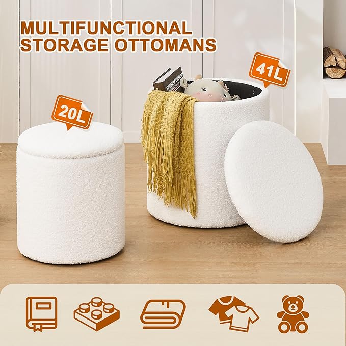 oakvivo Round Set of 2 Ottoman with Storage, Boucle Storage Ottoman Foot Stool, Soft Teddy Upholstered Small Vanity Stool, Ottomans Padded Seat Foot Rest for Living Room Bedroom, White