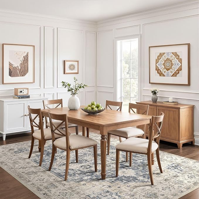 8x10 Area Rugs Living Room: Washable Boho Large Neutral Vintage Soft Rug Stain Resistant Distressed Farmhouse Non-Slip Indoor Floor Carpet for Bedroom Nursery Kids Office Dining Room- Brown Blue