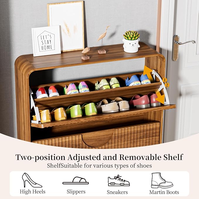 Slim Shoe Storage Cabinet for Entryway, Narrow Shoe Cabinet with 2 Tier Flip Drawers Doors, Fluted Hidden Shoe Rack Organizer for Entrance, Entry Way, Foyer, Hallway, Walnut