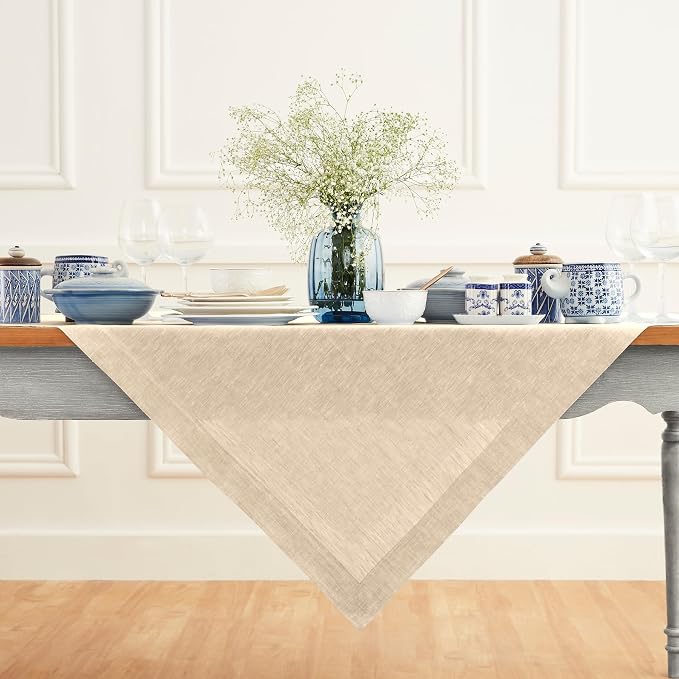 Solino Home Linen Cloth Tablecloth 52 x 52 Inch - 100% Pure Linen Champagne Beige Square Tablecloth - Athena, Machine Washable Table Throw for Summer