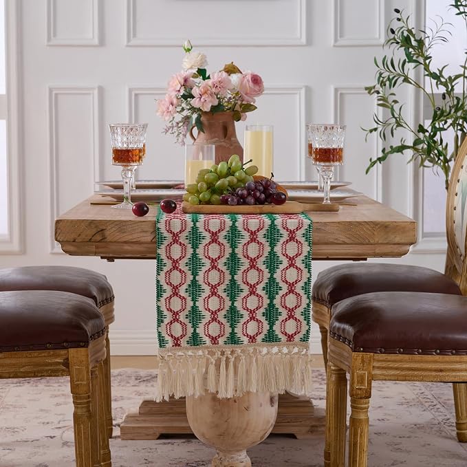 Fancy Homi Christmas Boho Cotton Polyester Table Runner 90 Inches Long, Farmhouse Macrame Table Runners with Tassels for Home Party Bohemian Rustic Bridal Shower Kitchen Dining Decor 12x90 Inches