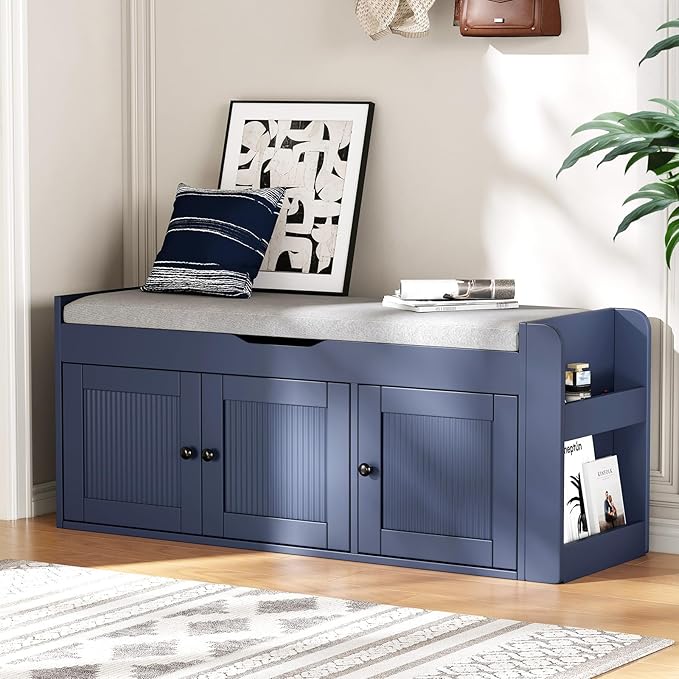 42.6" Storage Bench - Entryway Shoe Bench with Side Storage Shelves and 3 Doors, Multifunctional Entryway Bench with Lift Top Cushion, Shoe Storage Bench for Bedroom, Living Room, Blue