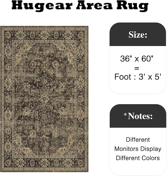 HUGEAR 3x5 Entryway Area Rug Retro Brown Small Rug Machine Washable Door Mat Vintage Floral Low Pile Carpet Distressed Throw Rug Entrance Kitchen Bedroom Bathroom Office Non Slip Soft Lightweight