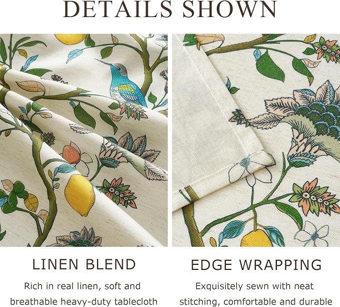 Vintage Colorful Floral Rectangle Tablecloth: Linen Printed Farmhouse Table Cloth - Whimsical Plant Lemon Bird Patterned on Cream Burlap Textured Outdoor Table Cover for Home Decor, 55x102 Inch