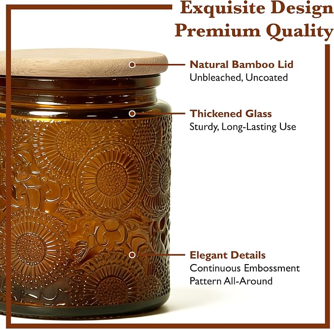 8oz Decorative Glass Jars with Airtight Bamboo Lids (Dark Amber - 6pc), Vintage Food Storage Containers, Home Décor Candle Making Parties Wedding Baby Shower Favors Gift