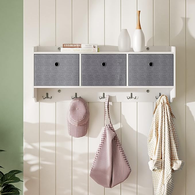 Mondeer Coat Rack with Shelf, Storage Unit Wall Mounted with 3 Baskets 5 Hooks Wooden Modern Style for Hallway Entryway Living Room, 38.5'' x 15.8'' x 8.7'', White