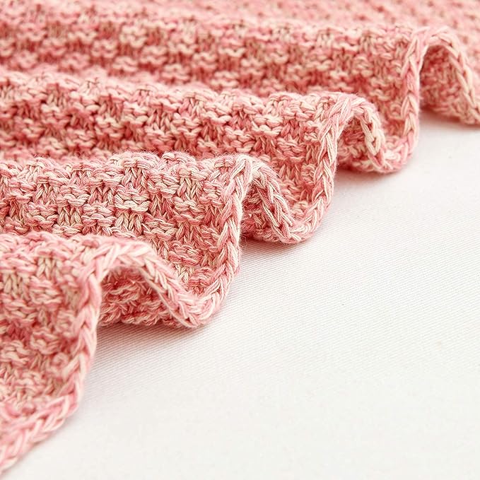 Longhui bedding 100% Cotton Knitted Throw Blanket – Pink, Soft & Cozy, Machine Washable, 51"x63" – Perfect for Living Room, Couch, Sofa, Bed or Travel