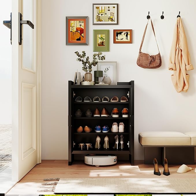 Panana 5 Layer Farmhouse Style Shoe Cabinet, Wooden Freestanding Shoe Rack with 2 Doors and Adjustable Shelves, Shoe Storage Organizer for Entryway Hallway Closet (Farmhouse Black, 5 Tier)