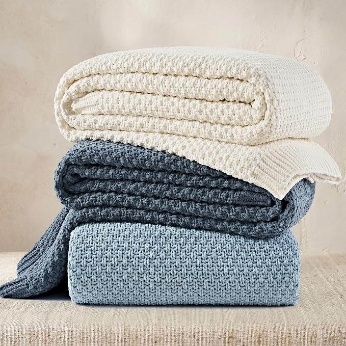 EVERGRACEHOME Chunky Chenille Knit Throw Blanket for Couch, Soft Luxurious Oversized Queen Moss Stitch Blanket for Bed, Cozy Farmhouse Knitted Throw for Sofa, Chambray Blue, 90" x 90"