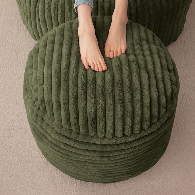 HIGOGOGO Round Stuffed Pouf Ottoman, Corduroy Poufs with High-Density Foam Filling, Furry and Fluffy Pouf Foot Stool Storage Ottoman, 20 X 15 Floor Poufs Foot Rest for Living Room, Green
