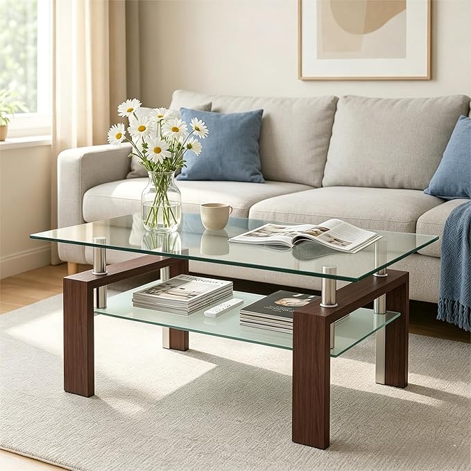 Meihua Rectangle Glass Coffee Table for Living Room, Modern Center Table Metal Tube Legs for Home Office, Brown