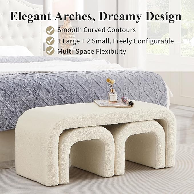 3-Piece Modern Ottoman Bench Set, 44" Wide Teddy Upholstered End of Bed Bench with 2 Foot Stools, Padded U-Shaped Entry Bench Vanity Stool for Living Room Bedroom (Cream)