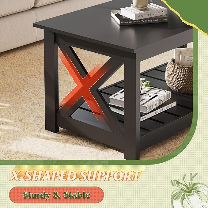 WLIVE Coffee Table, 40.1" Farmhouse Coffee Table with Slatted Storage Shelf & X-Shape Frame, 2-Tier Wood Center Table for Living Room, Balcony, Dark Black