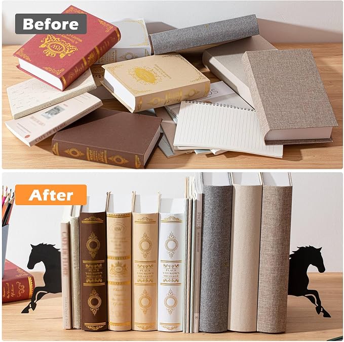 Marspark Horse Metal Bookends for Shelves Black Horse Book Ends Bookshelf Decorative Objects Home Desk Bookshelf Office Decor Gifts for Women