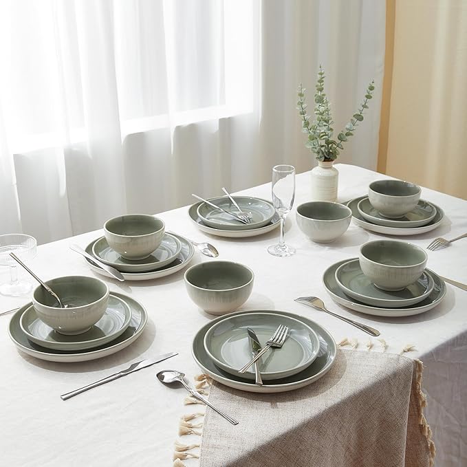 Pokini 24 Piece Double Bowl Dinnerware Sets with Pasta Bowls, Highly Chip and Crack Resistant Plates and Bowls Sets, Natural Earthyware Ceramic Dishware Sets, Service for 6 Gradient Green