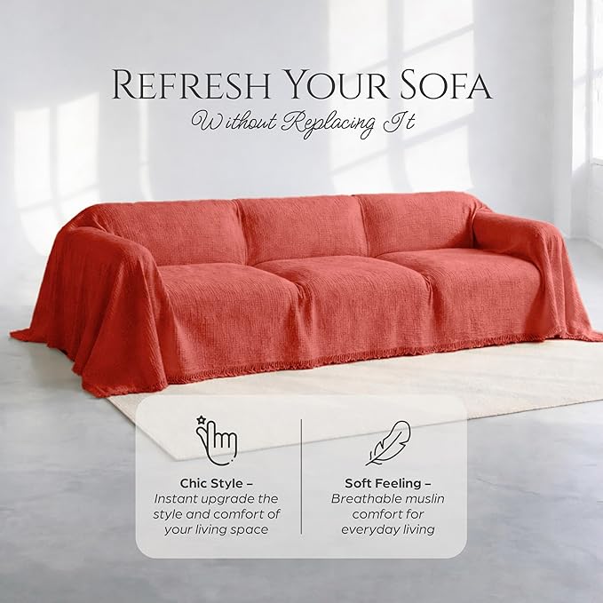 Washable Sofa Cover %100 Pure Cotton, Terracotta Couch Covers for Loveseat, Futon, Sofa, Sectional L Shape, U Shape, 4 Layered Natural Muslin Cloud Like Couch Cover (Terracotta, 70x118"/177x300cm)