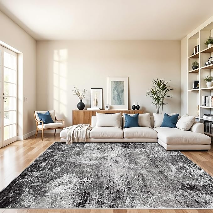 8x10 Washable Living Room Rug – Modern Neutral Abstract Large Area Rug for Bedroom Dining Room Kitchen Home Office Under Table – Non-Slip Low Pile Soft Thin Indoor Carpet (Black Grey,8x10)