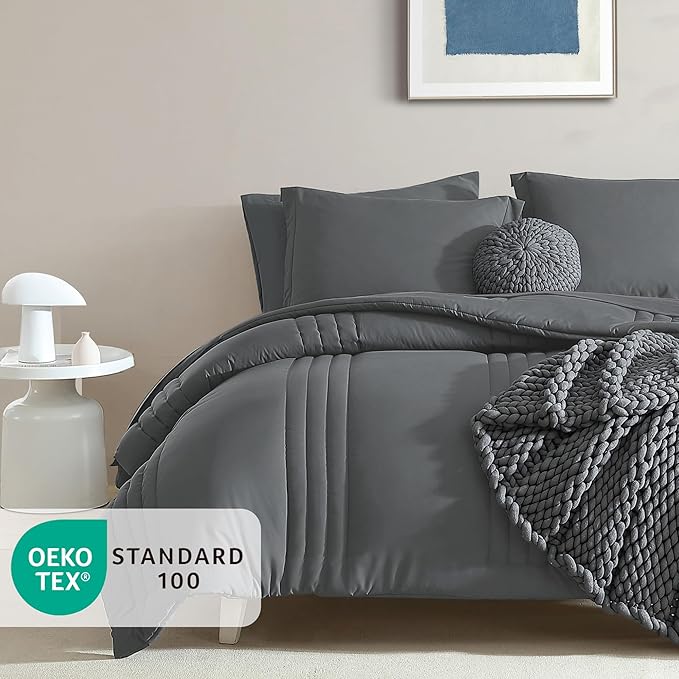Monbix Full Size Comforter Sets - 7 Pieces Grey Bed in a Bag Full Size Bedding Sets with Comforters, All Seasons Comforter with Sheets, Pillowcases & Shams