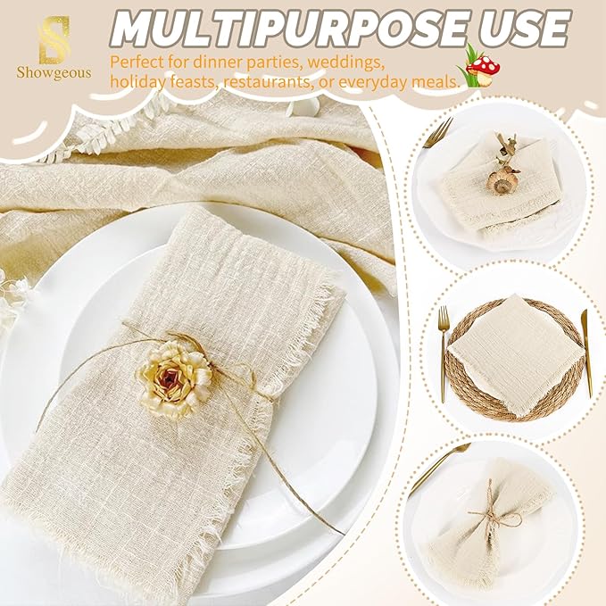 Showgeous 10 Pack Natural Cloth Napkins with Fringe 16x16 inch 100% Cotton Napkins Handmade Dinner Napkins Bulk Washable Soft Rustic Table Napkins for Wedding Parties Bridal Baby Shower