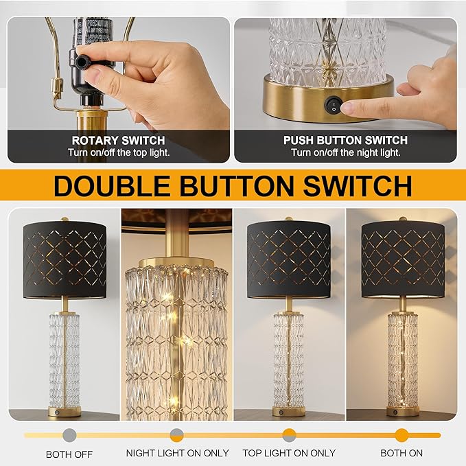 Oneach 27.75" Modern Table Lamps Set of 2, Gold Bedside Lamp with Crystal Nightlight, USB A+C, Black Grid Shade, Unique Desk Lamps for Living Room, Bedroom, Nightstand, End Table (2 Bulbs Included)