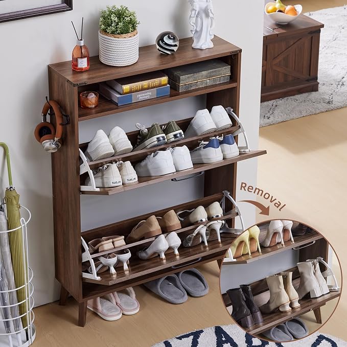 Joaxswe Shoe Cabinet Storage for Entryway with 2 Flip Drawers 2 Hook Open Storage Layer Rack Narrow Organizer Slim Hidden Wood Shoe Cabinet Furniture Walnut