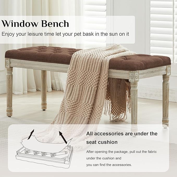 LOULENS 57.7" Linen Fabric End of Bed Bench, French Upholstered Button Tufted Bench for Bedroom End of Bed King Size, Window Seat with Carved Wood Legs for Bedroom, Living Room, Entryway, Brown