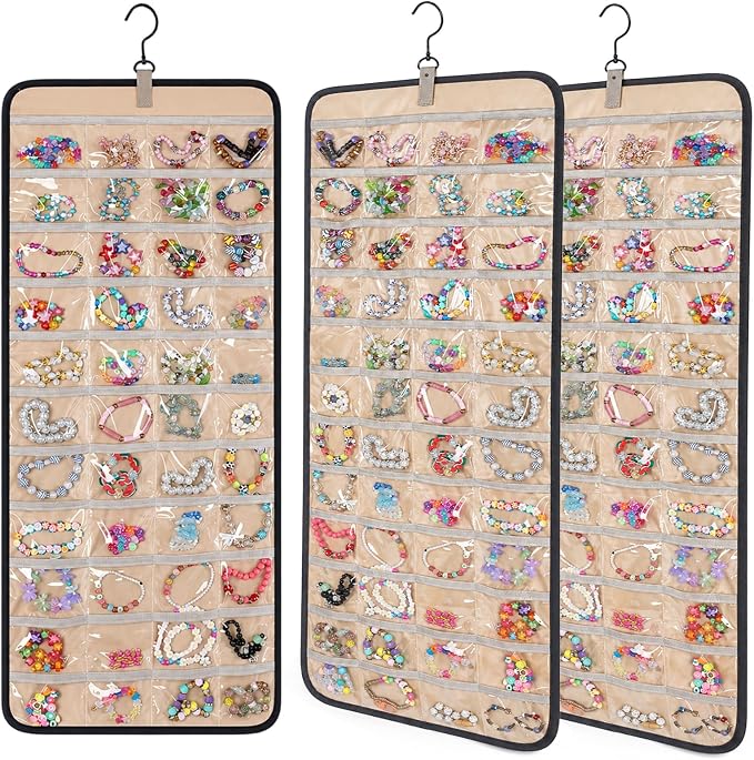 3 Pack Hanging Jewelry Organizer Storage with 48 Pockets and Hooks Dual-Sided Hanging Jewelry Organizers and Storage Hang on Closet, Wall, Door for Earrings, Necklaces, Rings,Blcak