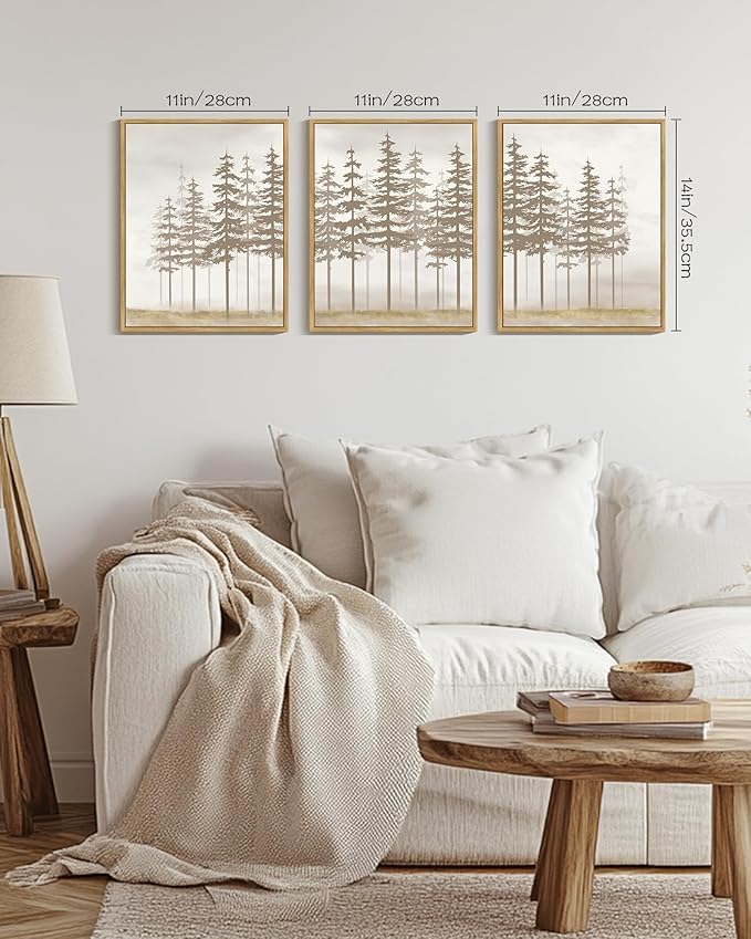 PHOPAGO Watercolor Foggy Pine Tree Framed Wall Art Nature Abstract Misty Forests Wall Decor Farmhouse Rustic Paints for Kitchen Bathroom - 11x14in Natural Framed