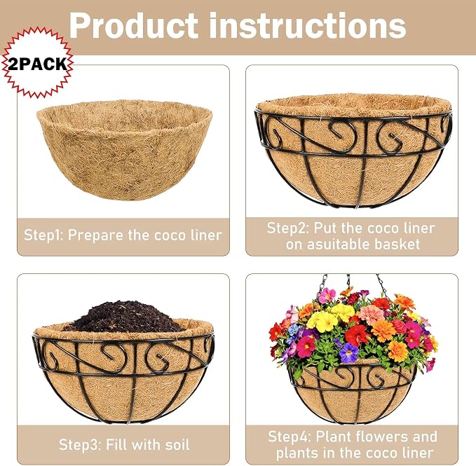 Metal Hanging Planters Basket Set of 2 Outdoor with Coco Fiber Liners Chain Hanging Basket Suitable for Vegetables Flower Heavy Duty Round Plant Holder Garden Balcony Patio Deck Porch Decor