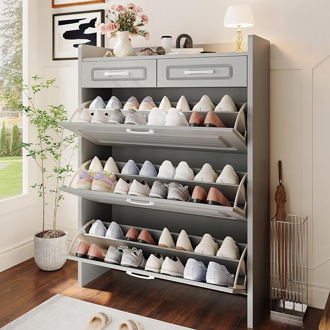 Shoe Cabinet with 3 Large Flip Drawers and 2 Storage Drawers, Narrow Shoe Organizer Cabinet Fits for Kinds of Shoes, Slim Shoe Storage Cabinet for Entryway, Hallway, Light Grey